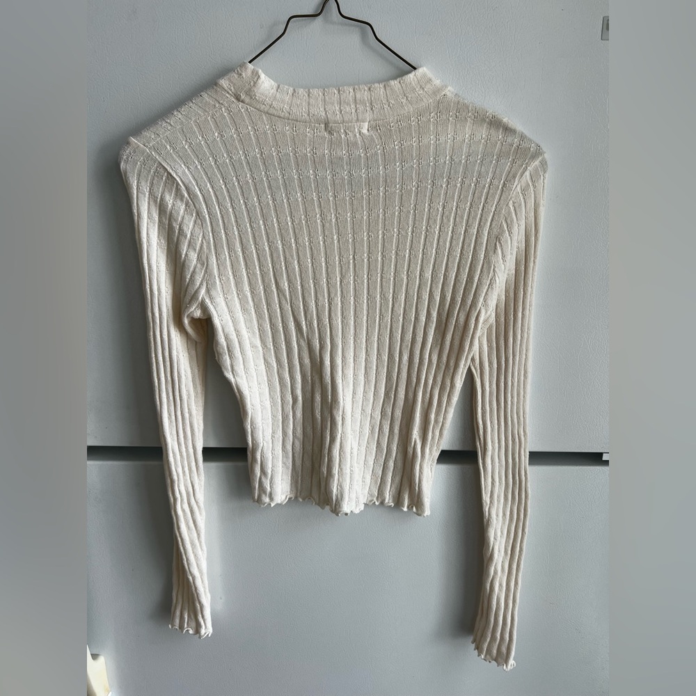 CLEARANCE Women’s Ribbed Cream Colored Long Sleeve Lettuce Trim Shirt - Picture 2 of 6